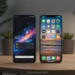 Dois smartphones, Galaxy S26 Ultra e iPhone, lado a lado para comparação.