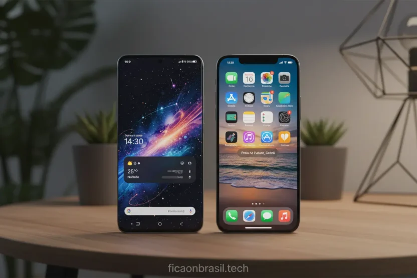 Dois smartphones, Galaxy S26 Ultra e iPhone, lado a lado para comparação.