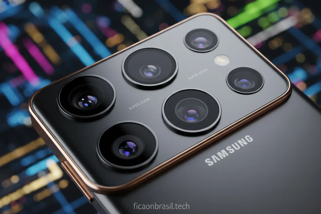 Inovações do Galaxy S26 Ultra Módulo de câmera do Galaxy S26 Ultra com lentes e sensores