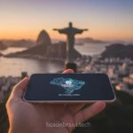 Smartphone iPhone 17 com fundo de paisagens brasileiras