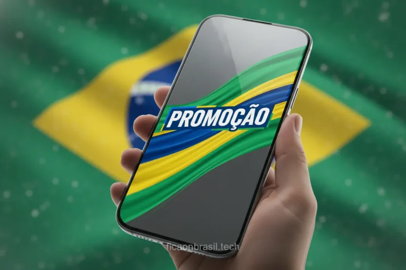 Mão segurando iPhone 17 com tela de promoção