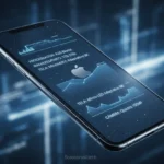 Smartphone iPhone 17 com tela exibindo dados técnicos