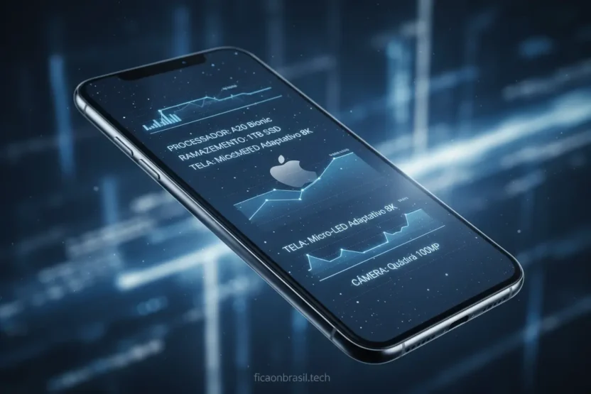 Smartphone iPhone 17 com tela exibindo dados técnicos