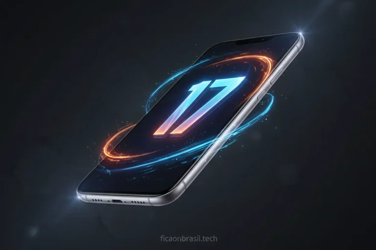 Smartphone futurista com o número 17, representando o lançamento do iPhone 17.