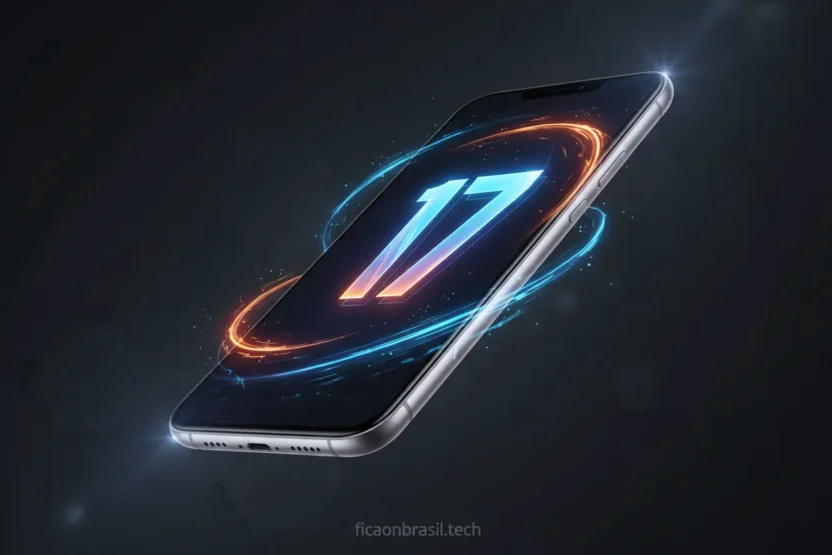 Smartphone futurista com o número 17, representando o lançamento do iPhone 17.