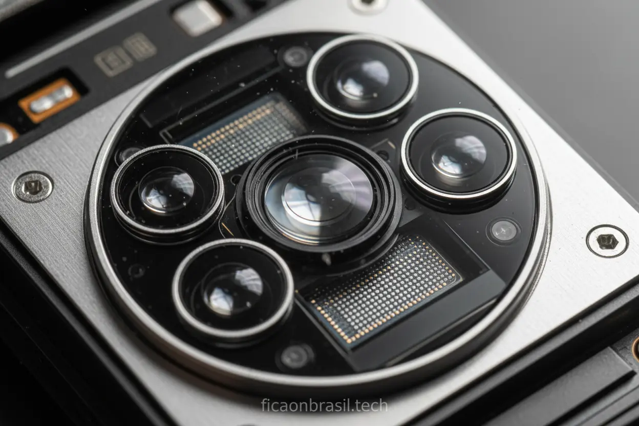 Módulo de câmera do iPhone 17 com lentes e sensor visíveis.