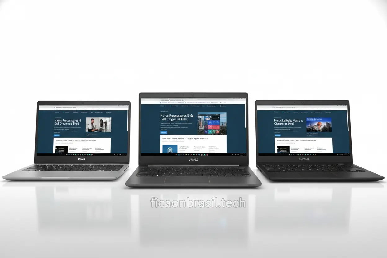 Modelos Dell i5 Performance Três notebooks Dell i5 lado a lado, exibindo design e performance.