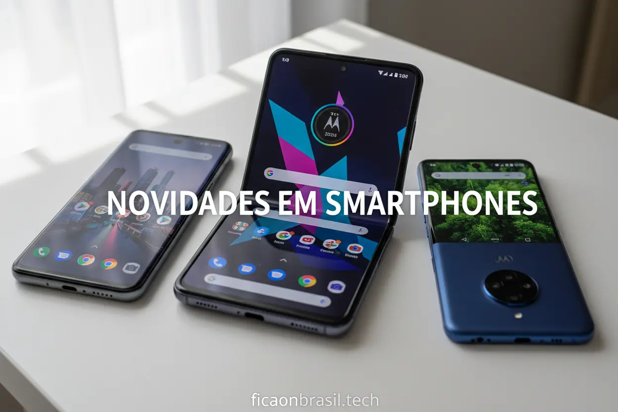 Três celulares Motorola 128GB de diferentes modelos sobre uma mesa