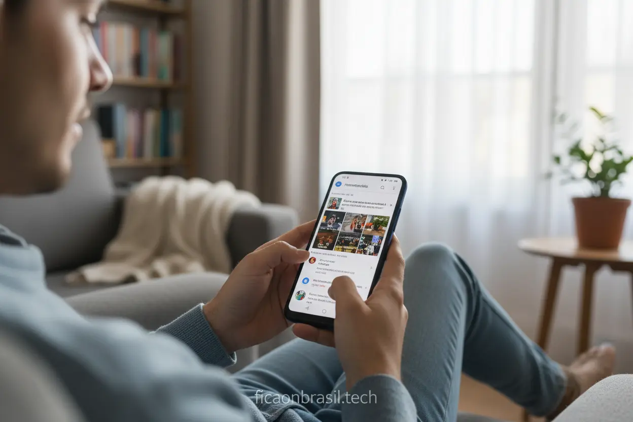 Moto G06 128GB em Uso Diário Mulher usando o Motorola Moto G06 128GB para redes sociais