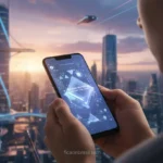 Pessoa segurando smartphone moderno, representando Moto G06, com fundo futurista.