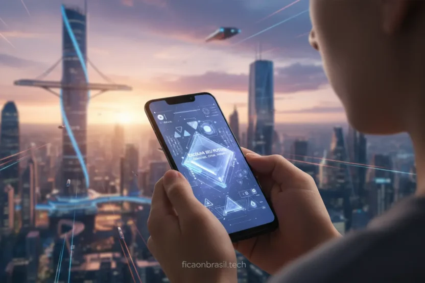 Pessoa segurando smartphone moderno, representando Moto G06, com fundo futurista.