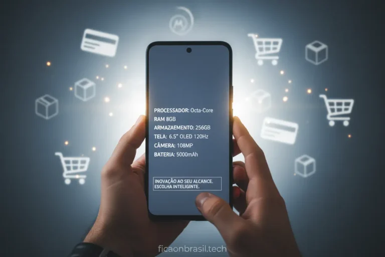 Pessoa segurando um smartphone com tela de especificações técnicas do Moto G06