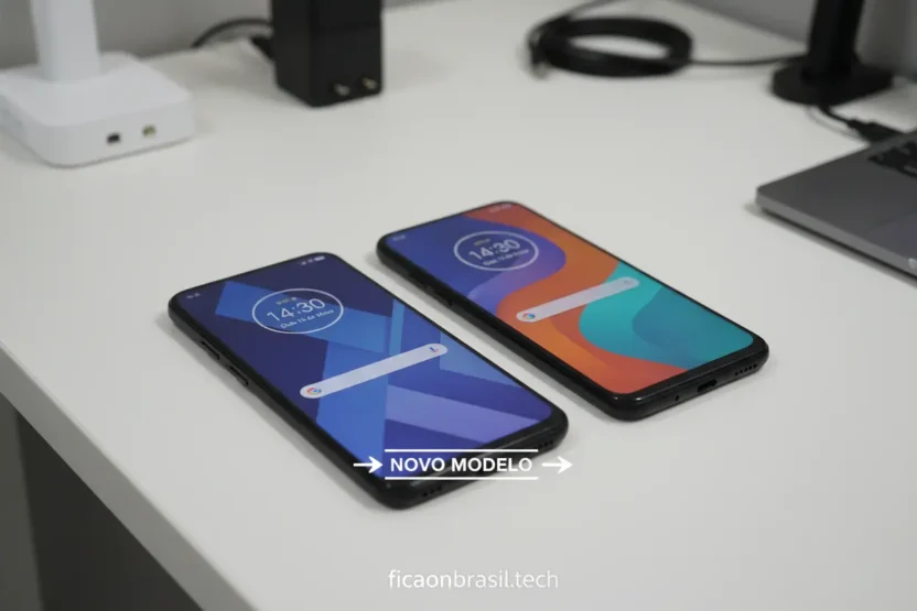 Dois smartphones, Moto G06 e Moto G05, lado a lado para comparação.