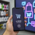 Pessoa segurando um celular Motorola Moto G06 com ícone de carrinho de compras na tela