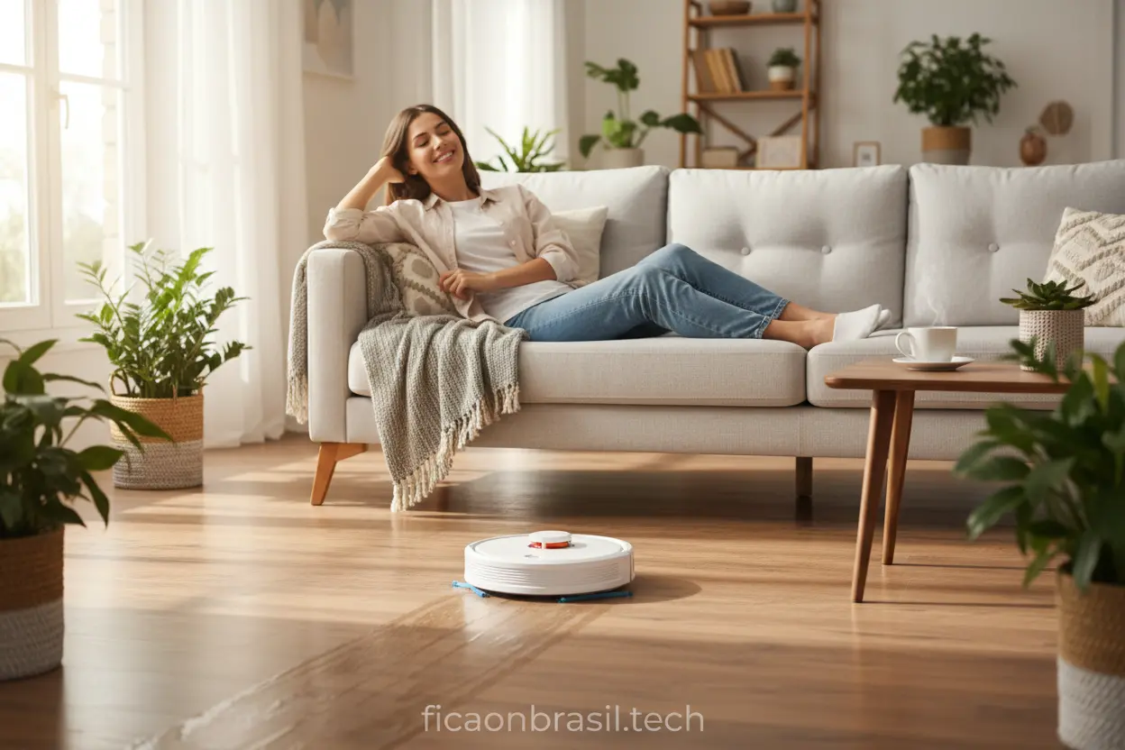 Mulher Relaxando com Robô Aspirador Benefícios de ter um aspirador robô