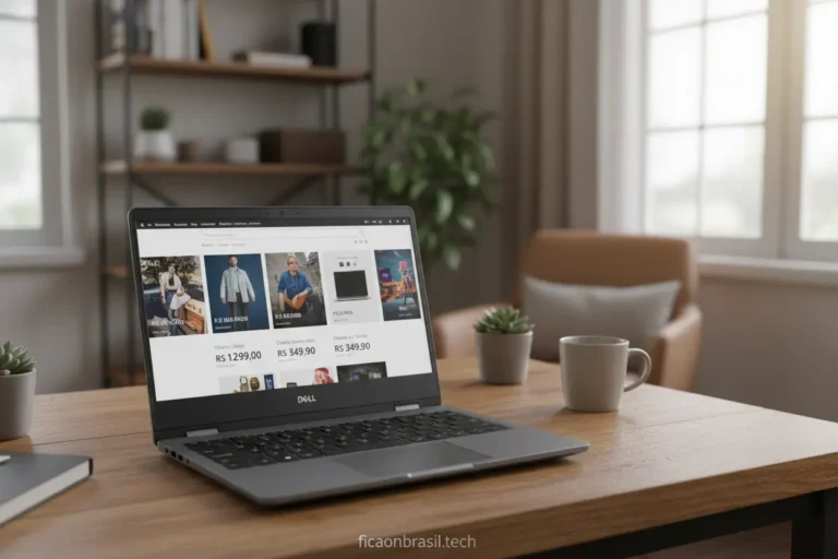 Notebook Dell aberto em uma mesa com ofertas de preços.