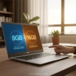 Notebook Dell com opções de 8GB e 16GB de RAM em tela dividida