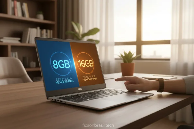 Notebook Dell com opções de 8GB e 16GB de RAM em tela dividida