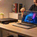 Pessoa desembalando um notebook Dell barato