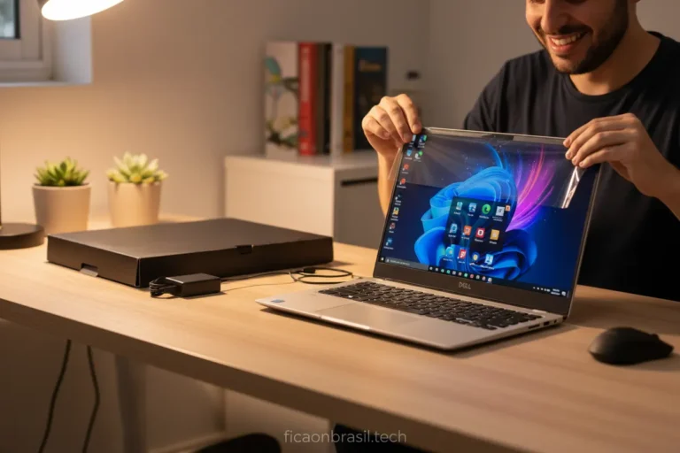 Pessoa desembalando um notebook Dell barato