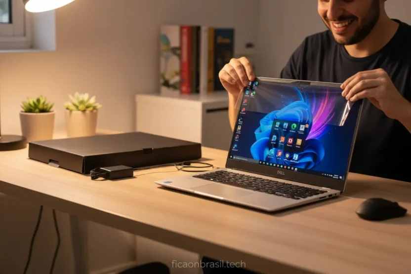 Pessoa desembalando um notebook Dell barato