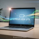Notebook Dell com bateria duradoura em ambiente de trabalho moderno.