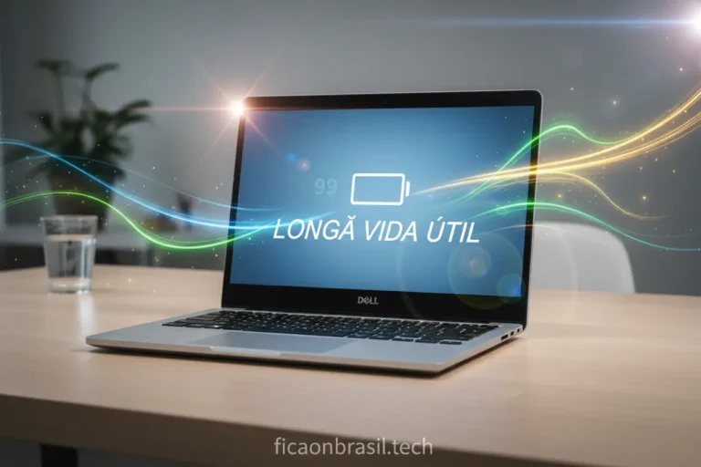 Notebook Dell com bateria duradoura em ambiente de trabalho moderno.