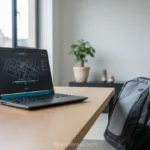 Notebook Dell gamer leve sobre mesa com mochila ao lado