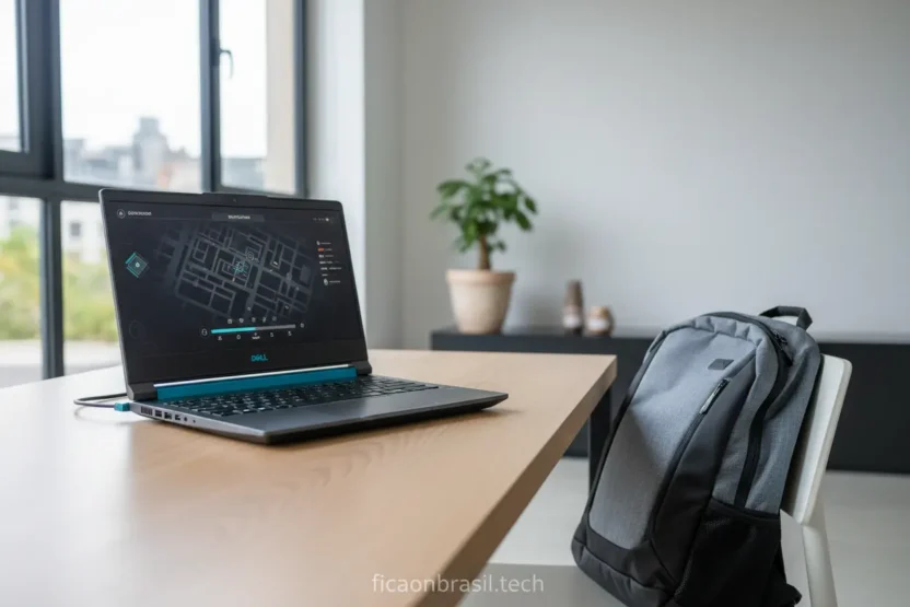 Notebook Dell gamer leve sobre mesa com mochila ao lado