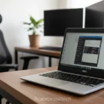 Notebook Dell i5 com tela ligada em ambiente de trabalho.