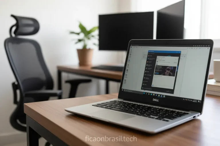 Notebook Dell i5 com tela ligada em ambiente de trabalho.