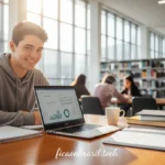 Estudante feliz usando notebook Dell para estudar