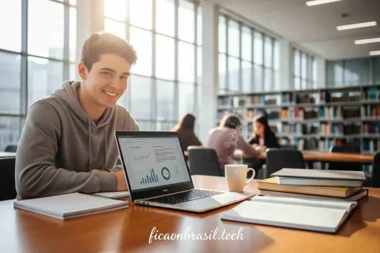 Estudante feliz usando notebook Dell para estudar