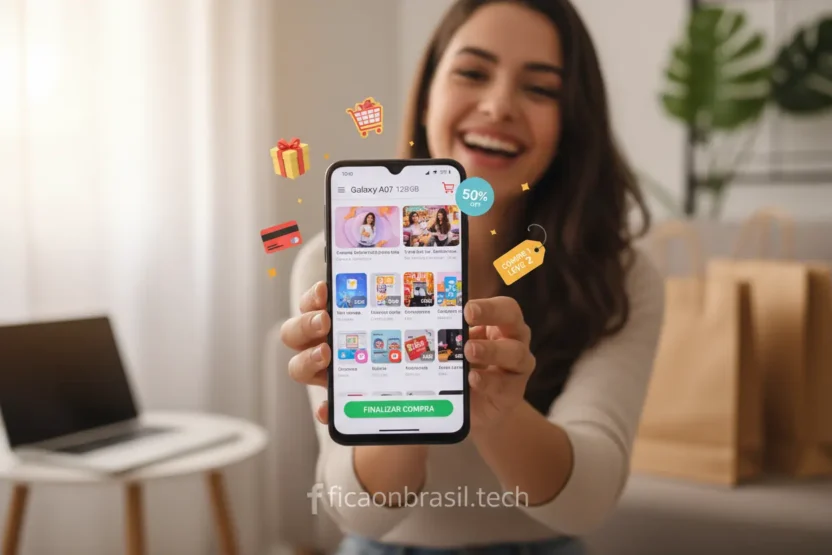 Pessoa feliz com Samsung Galaxy A07 128GB