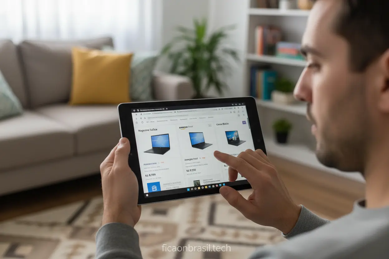 Pessoa comparando preços de notebooks Dell em lojas online