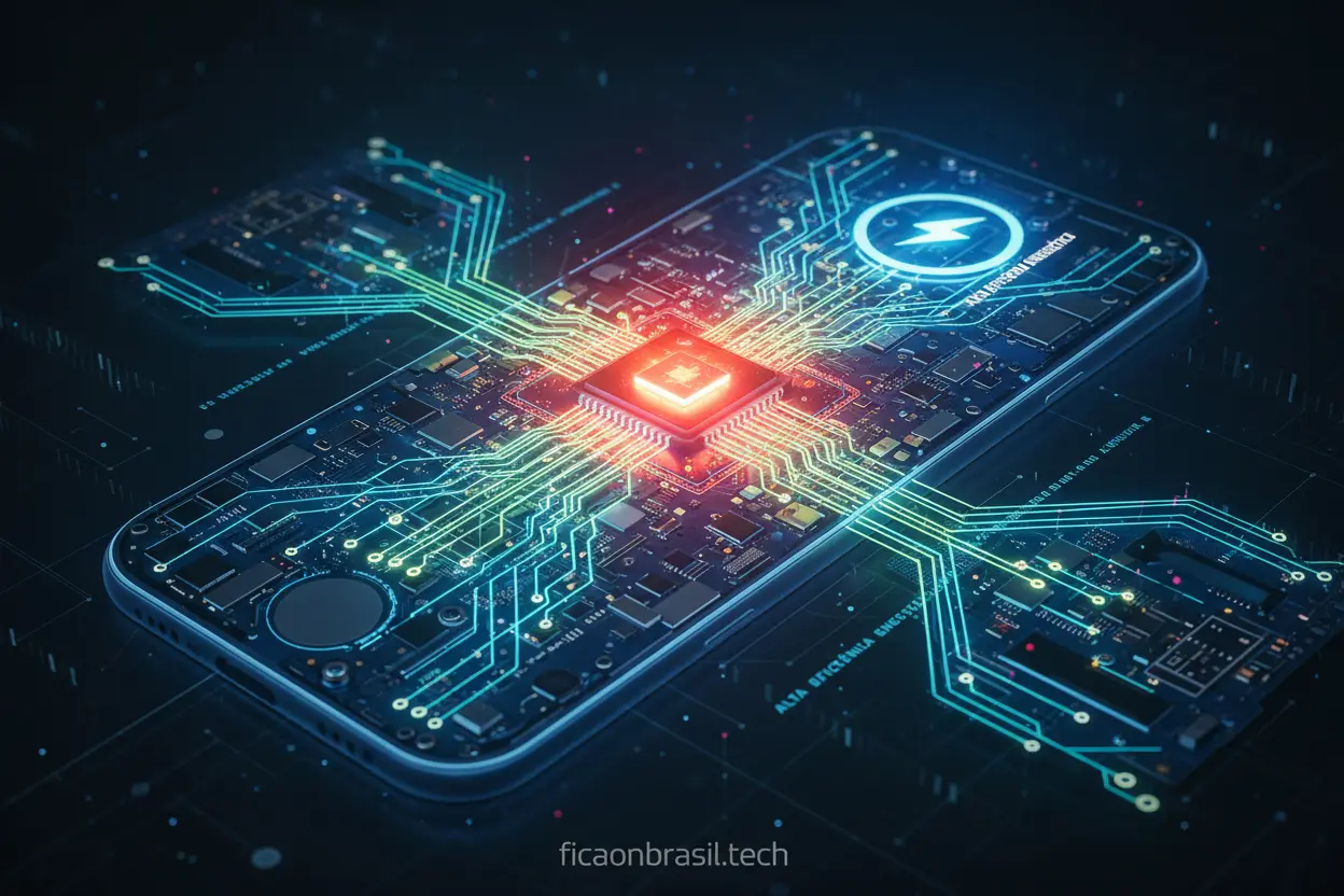 Componentes internos de um smartphone com chip brilhante.