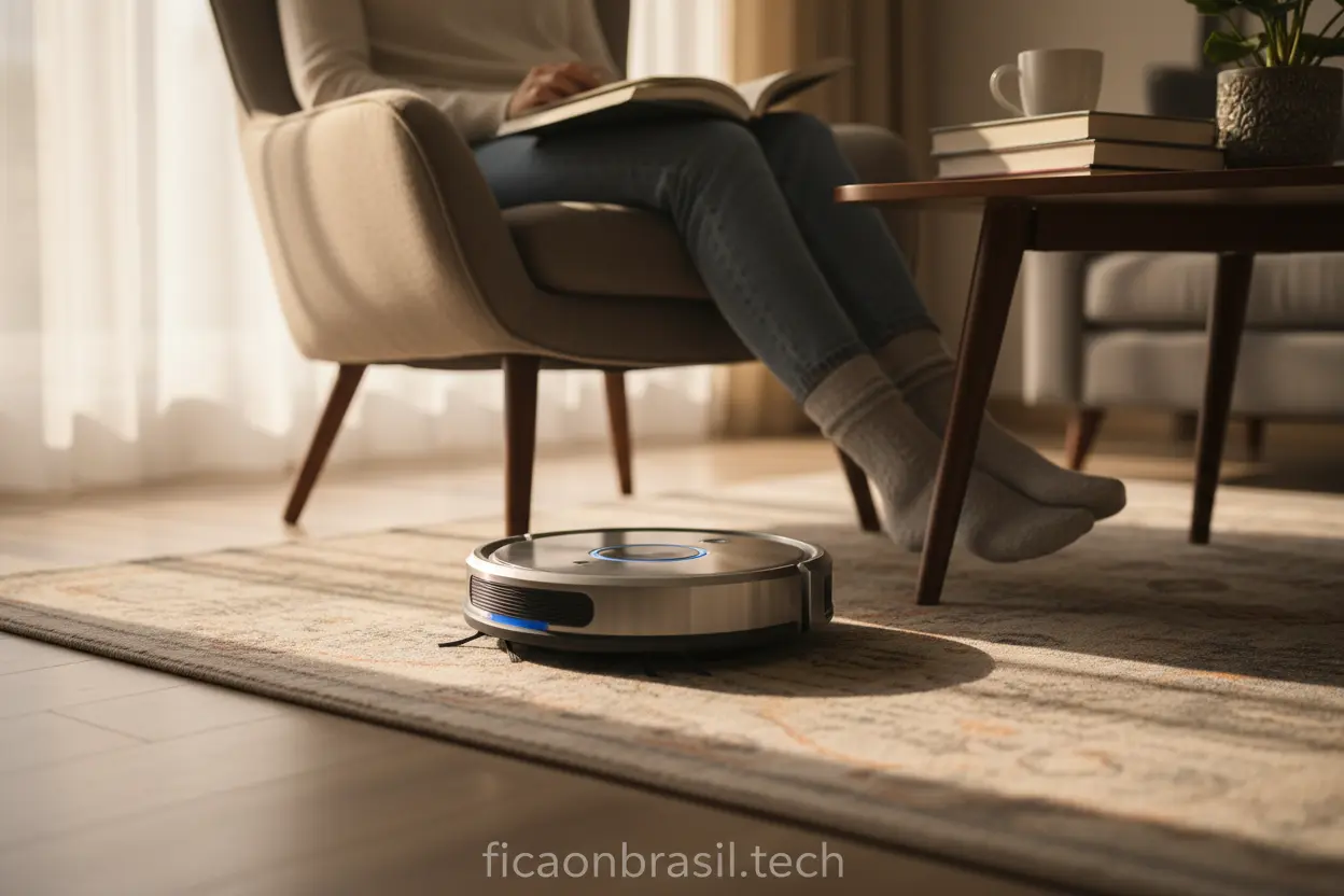 Aspirador robô limpando sob os móveis