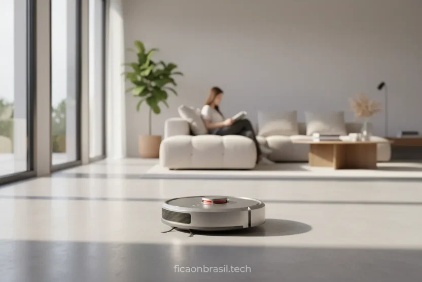 Robô aspirador de pó automático em sala moderna