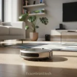 Robô aspirador barato 2026 em ação, limpando um ambiente moderno.