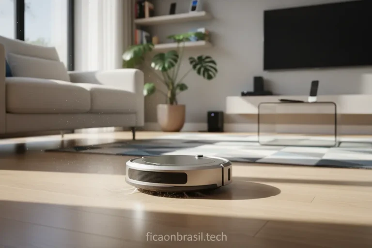 Robô aspirador barato 2026 em ação, limpando um ambiente moderno.
