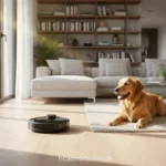 Robô aspirador para pet limpando sala com cachorro.