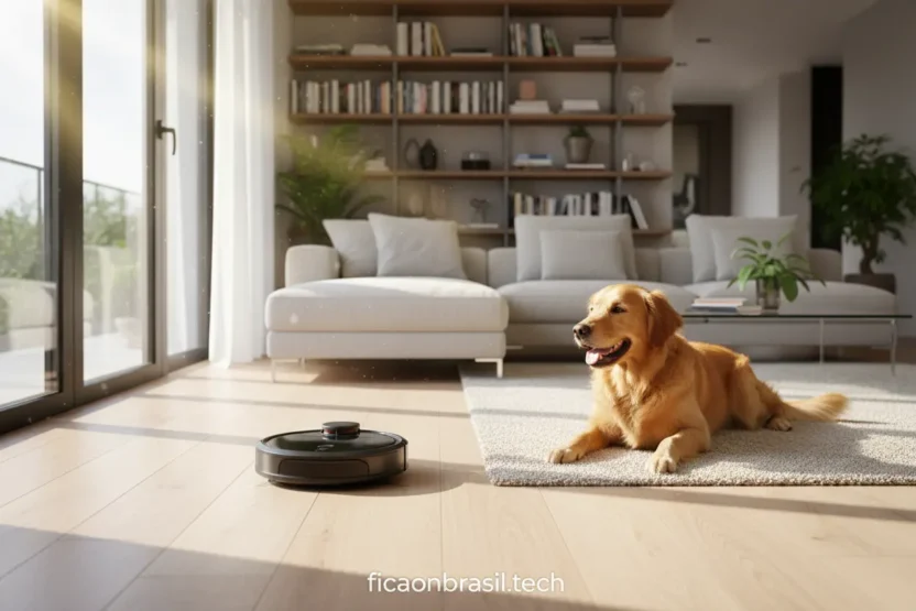 Robô aspirador para pet limpando sala com cachorro.