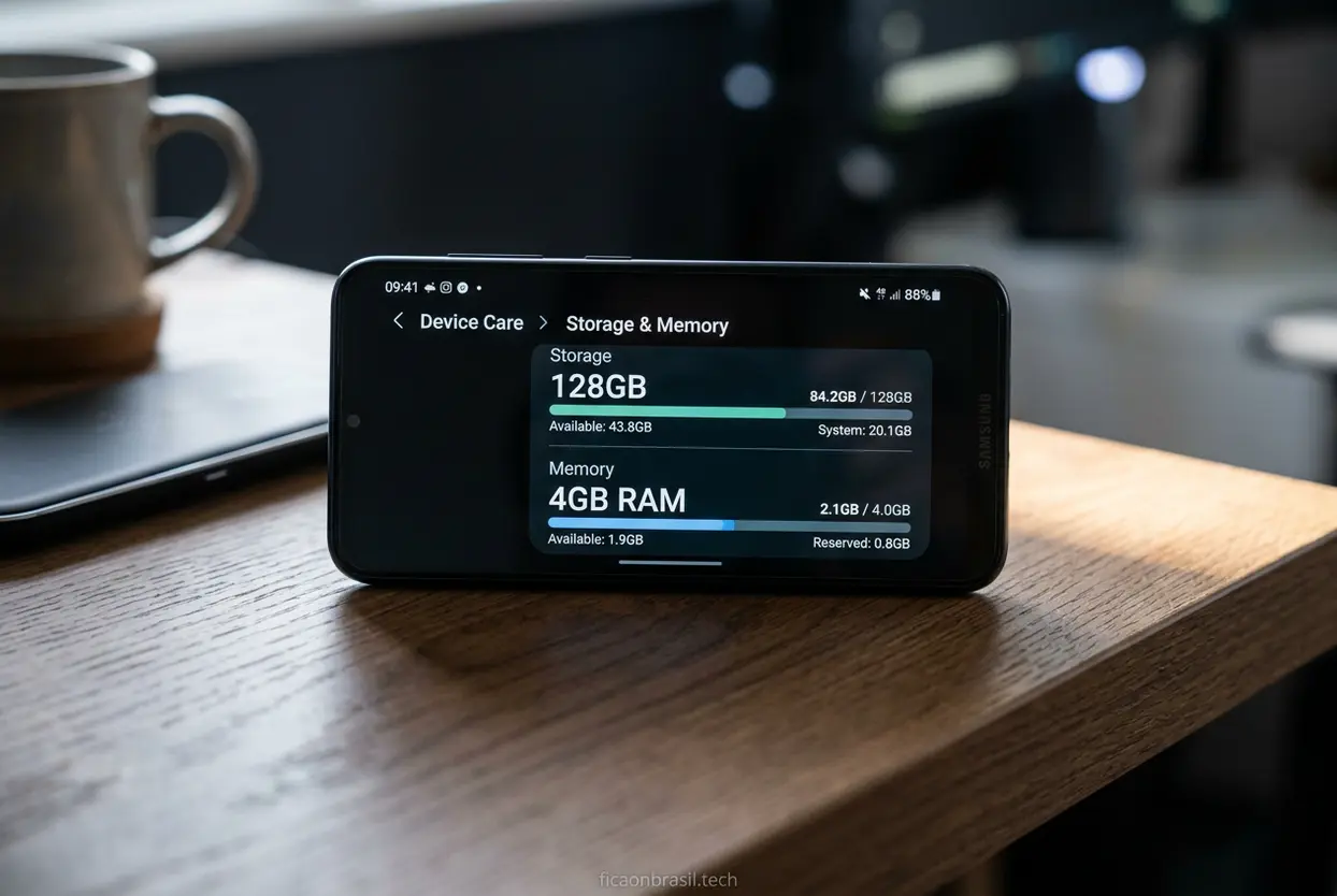Pessoa mostrando a tela de um Samsung A07 com as especificações de 128GB de armazenamento e 4GB de RAM, destacando o desempenho para multitarefas.