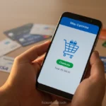 Mãos segurando um Samsung A07 com ícone de carrinho de compras, representando a busca por onde comprar Samsung A07 parcelado.