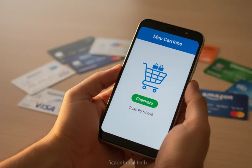 Mãos segurando um Samsung A07 com ícone de carrinho de compras, representando a busca por onde comprar Samsung A07 parcelado.