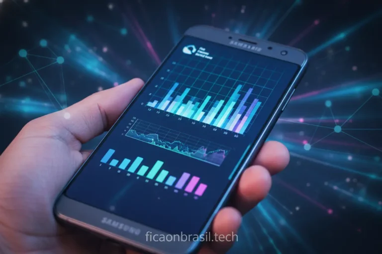 Smartphone Samsung A07 com tela ligada, representando seu desempenho.