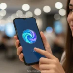Pessoa segurando um Samsung Galaxy A07 com tela ligada