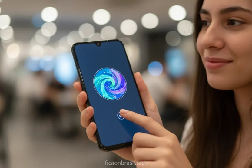 Pessoa segurando um Samsung Galaxy A07 com tela ligada