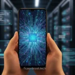 Smartphone Samsung Galaxy A07 com tela exibindo design de circuito, representando seu processador eficiente de 6nm.