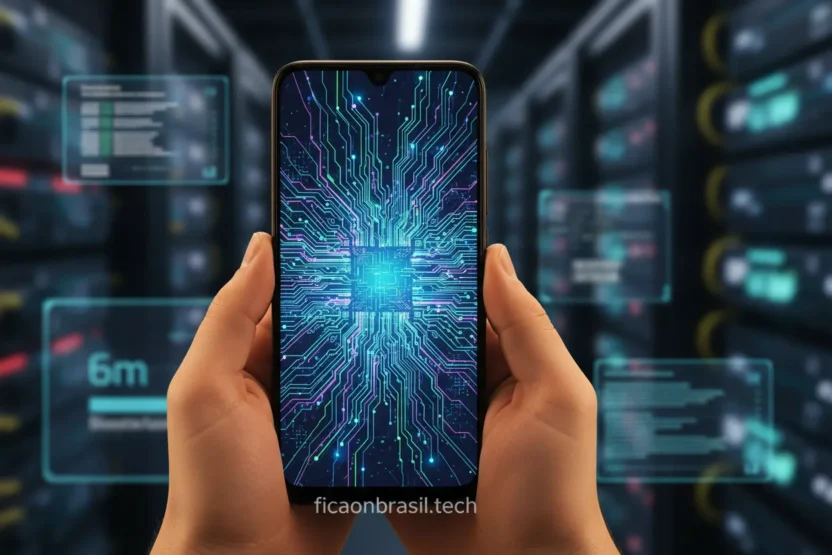 Smartphone Samsung Galaxy A07 com tela exibindo design de circuito, representando seu processador eficiente de 6nm.